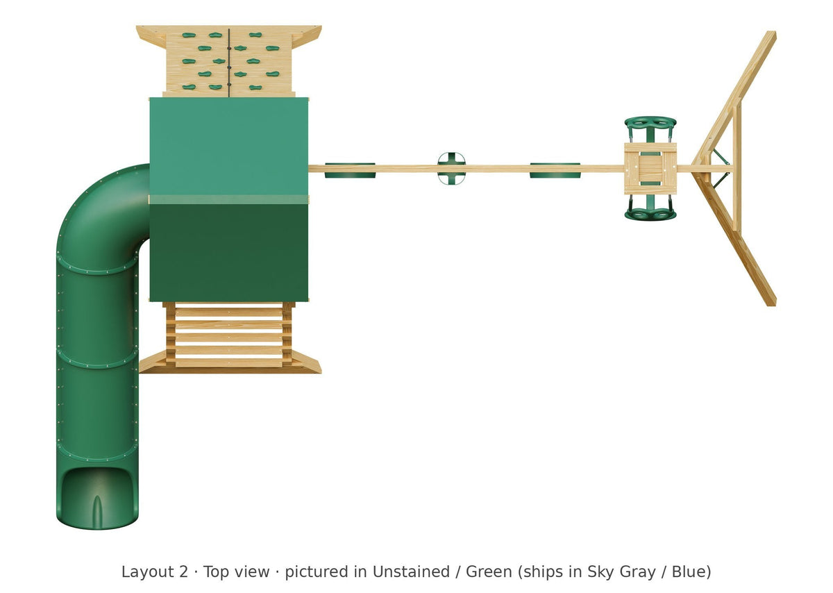 Amish Olympus Wooden Swing Set & Playset Kit – Layout 2, top view (shown in Unstained with Green accents)