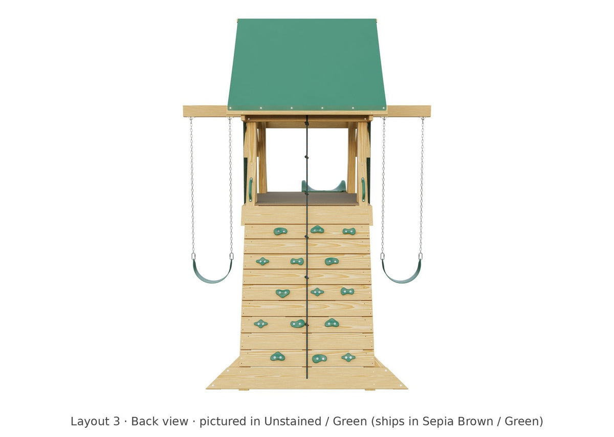 Amish Olympus Wooden Swing Set & Playset Kit – Layout 3, back view (shown in Unstained with Green accents)