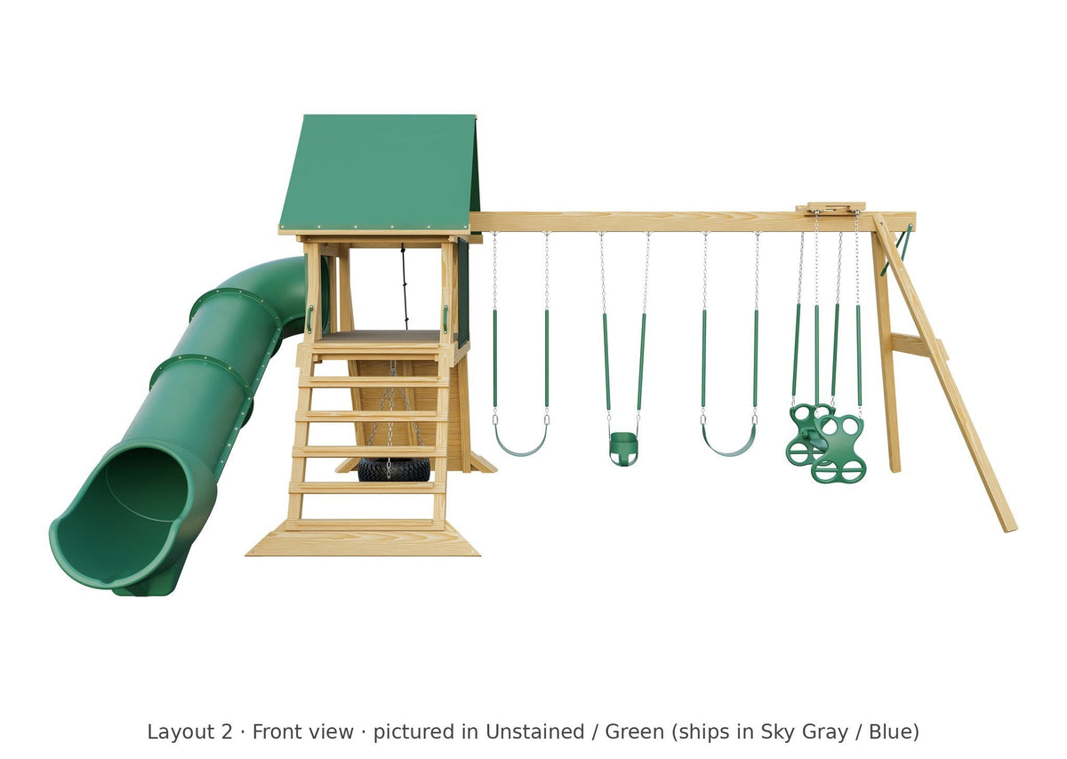 Amish Olympus Wooden Swing Set & Playset Kit – Layout 2, front view (shown in Unstained with Green accents)