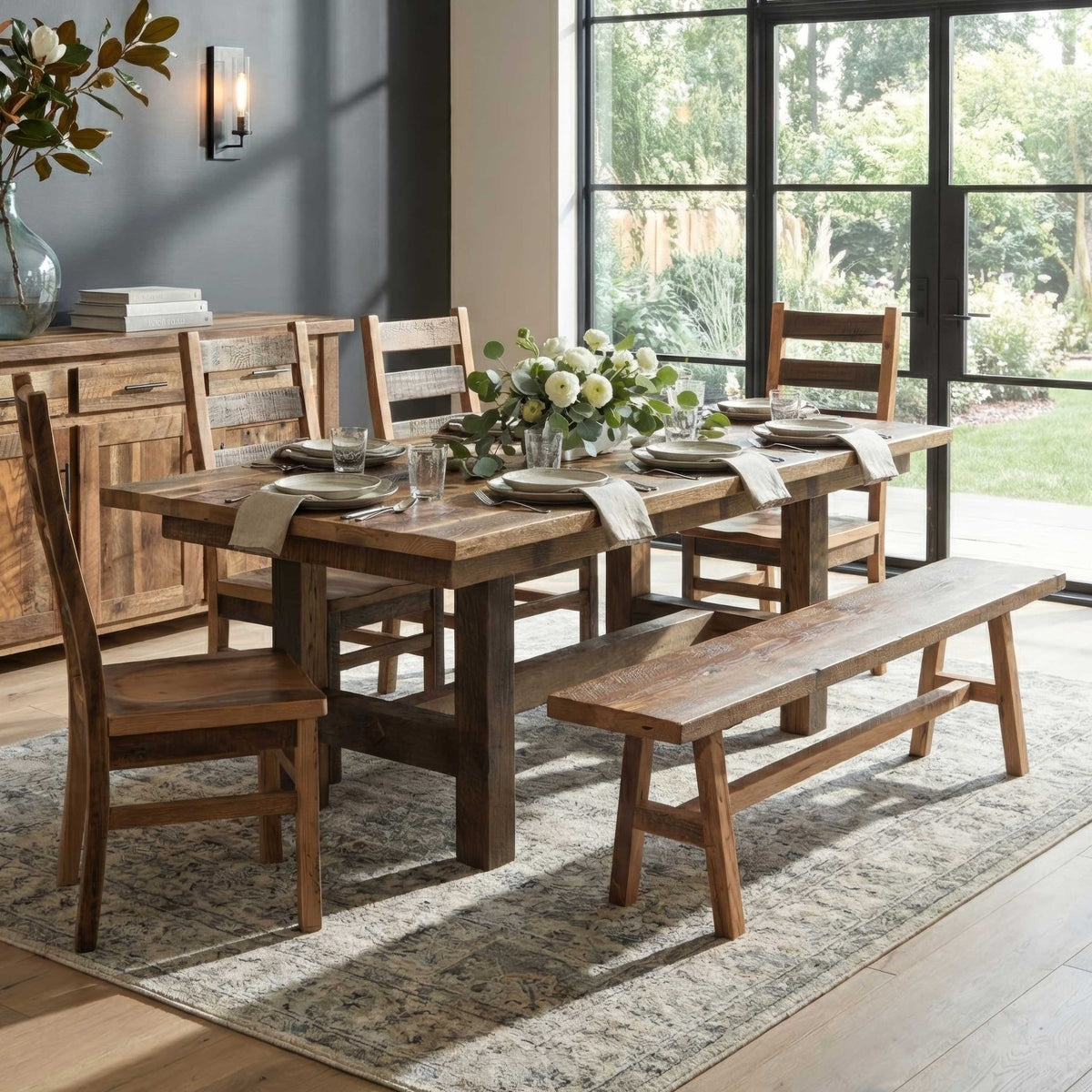 Solid top reclaimed barnwood dining table with bench, ladderback chairs and flowers by tall black windows