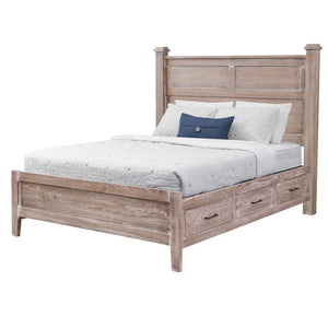 Whitewashed captain storage bed with raised panel headboard, square posts and three footboard drawers