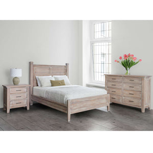 Whitewashed rustic queen bedroom set with panel bed, three-drawer nightstand, lamp and eight-drawer dresser