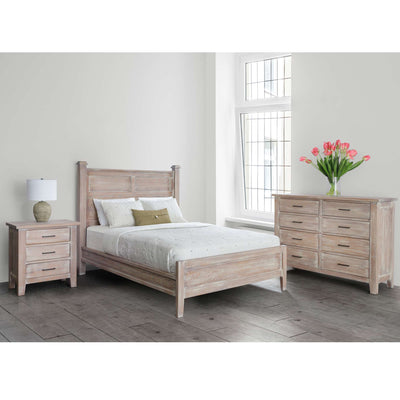 Whitewashed rustic queen bedroom set with panel bed, three-drawer nightstand, lamp and eight-drawer dresser