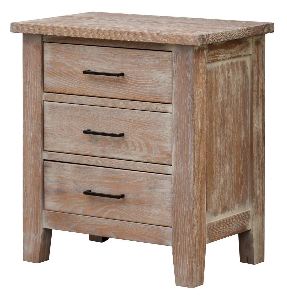 Whitewashed oak three-drawer nightstand with black bar pulls, paneled sides and thick square legs