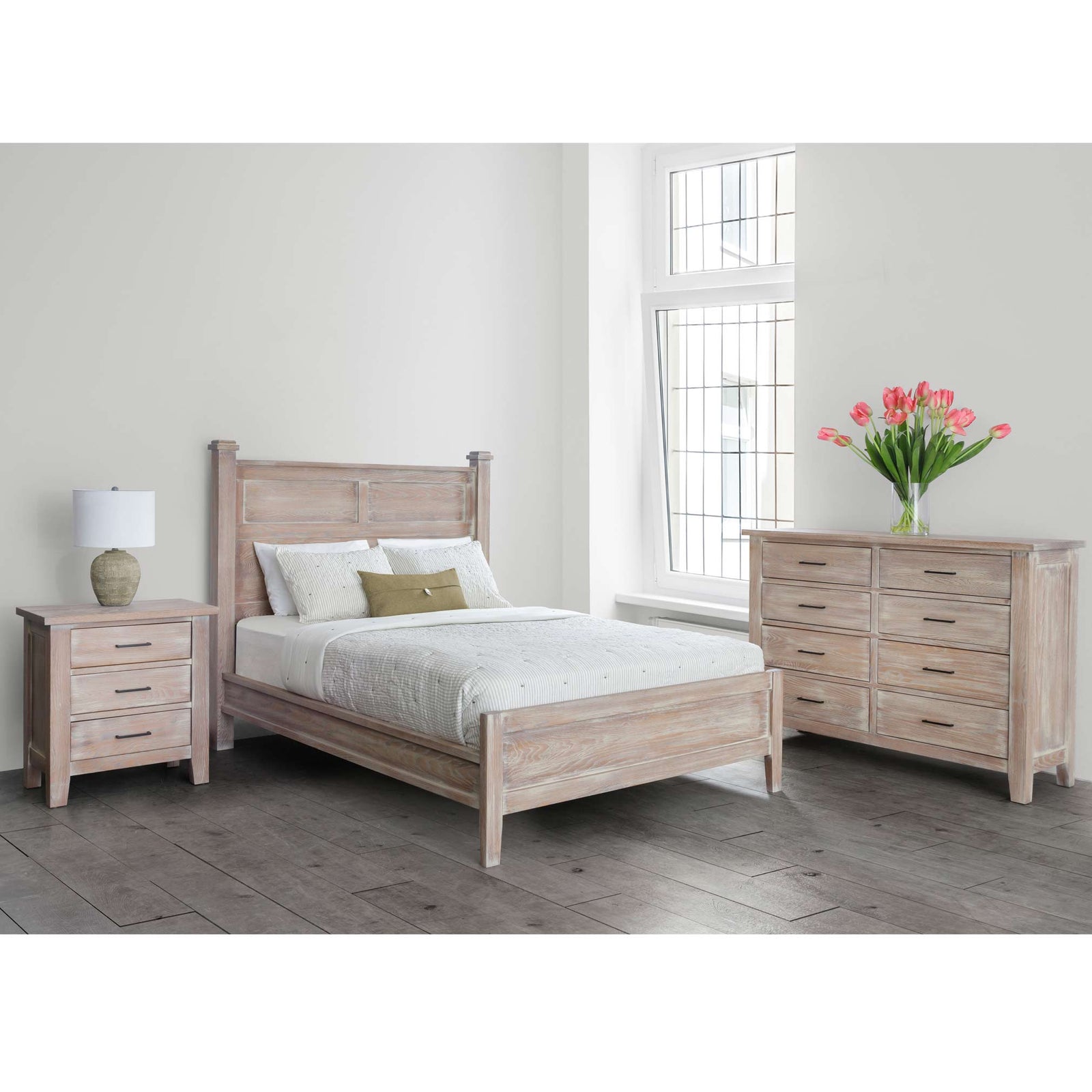Whitewashed rustic queen bedroom set with panel bed, three-drawer nightstand, lamp and eight-drawer dresser