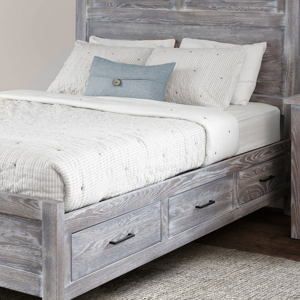 Weathered gray bedroom set with louver panel storage bed, six-drawer dresser with mirror and nightstand