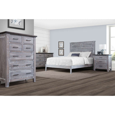 Gray weathered oak bedroom set styled in a light bedroom with louvered panel queen bed, six drawer dresser, tall chest and nightstand
