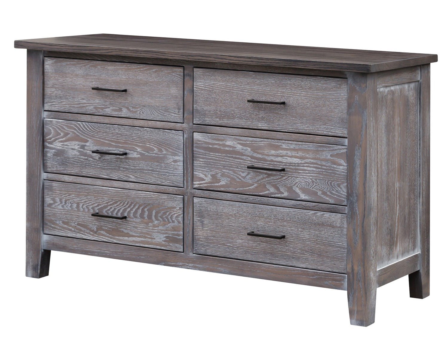 Gray weathered oak bedroom set styled in a light bedroom with louvered panel queen bed, six drawer dresser, tall chest and nightstand