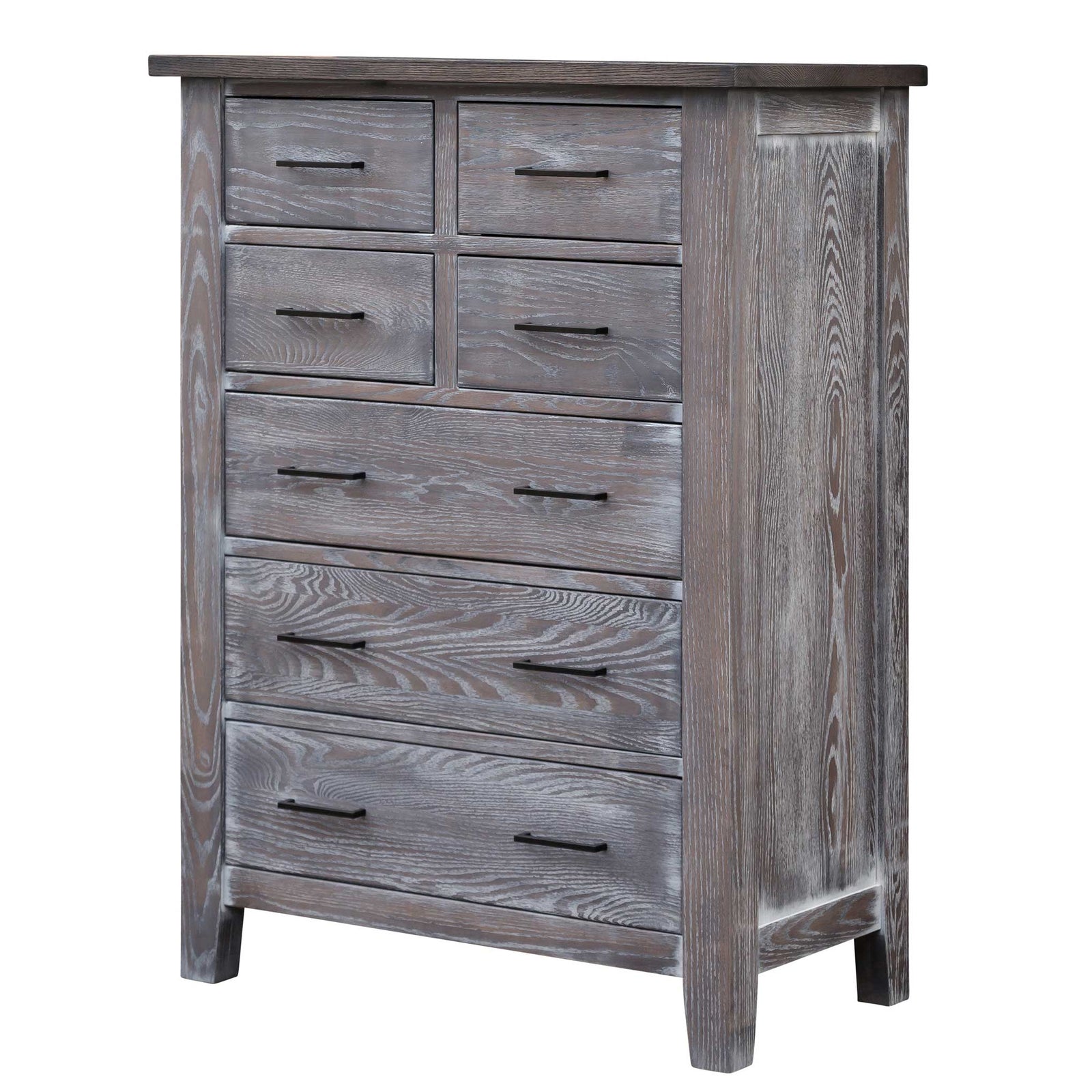 Tall gray oak chest of drawers with seven drawers and black bar pulls, staged in a bedroom next to a matching dresser