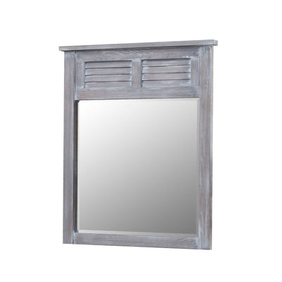 Oreland louver mirror in weathered gray brushed oak with a louvered shutter panel above beveled glass