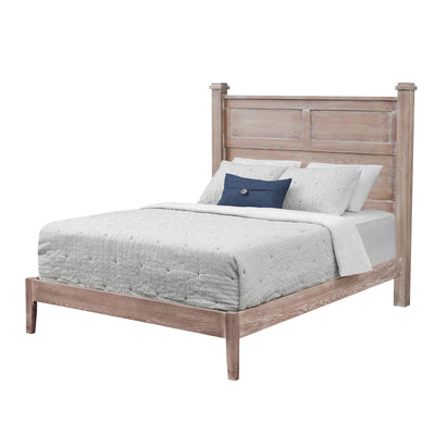 Queen panel bed in whitewashed oak with a two-panel headboard, square posts, low footboard rail and striped bedding
