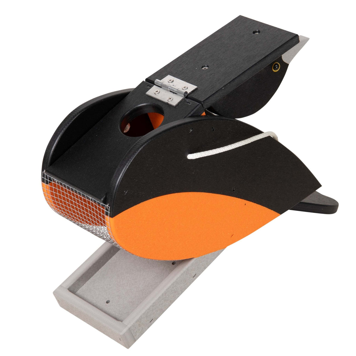 Top angled view of the poly oriole feeder with hinged lid, round fill hole and gray tray