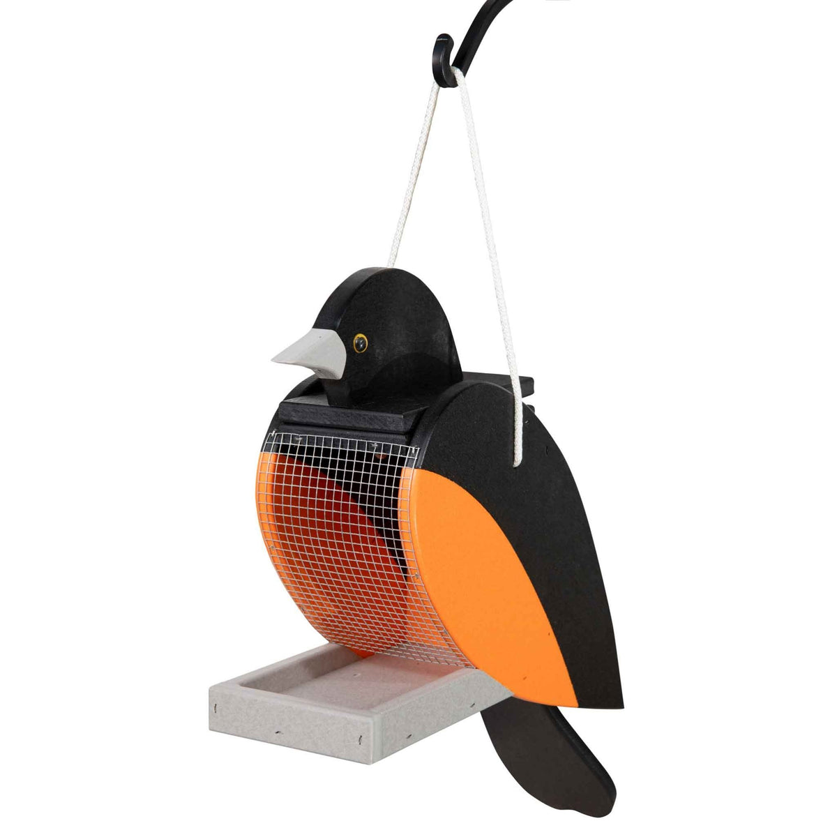 Black and orange oriole shaped poly bird feeder with mesh seed window and gray landing tray