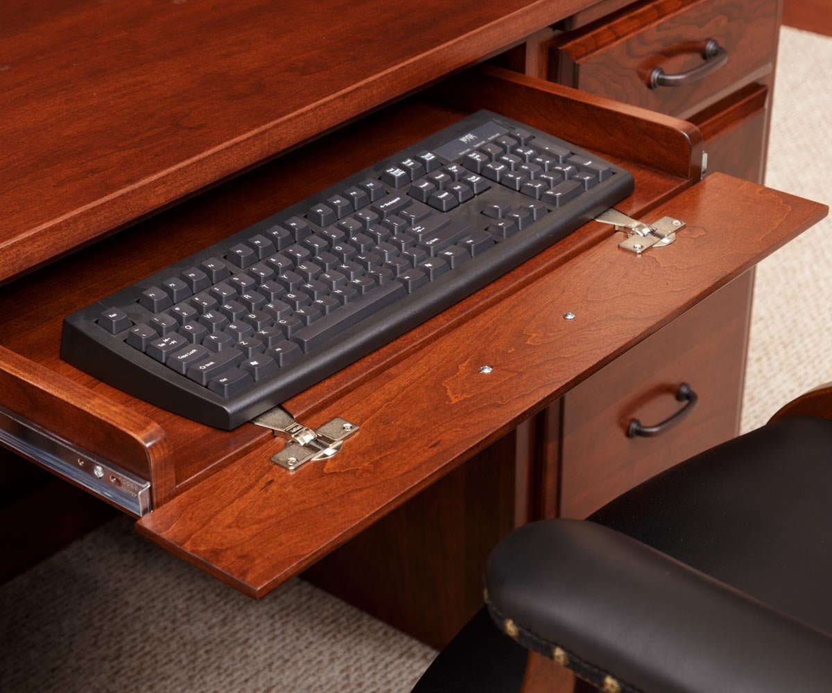 Amish Orrstown Traditional Solid Wood Double Pedestal Desk with Hutch - pull-out keyboard tray detail