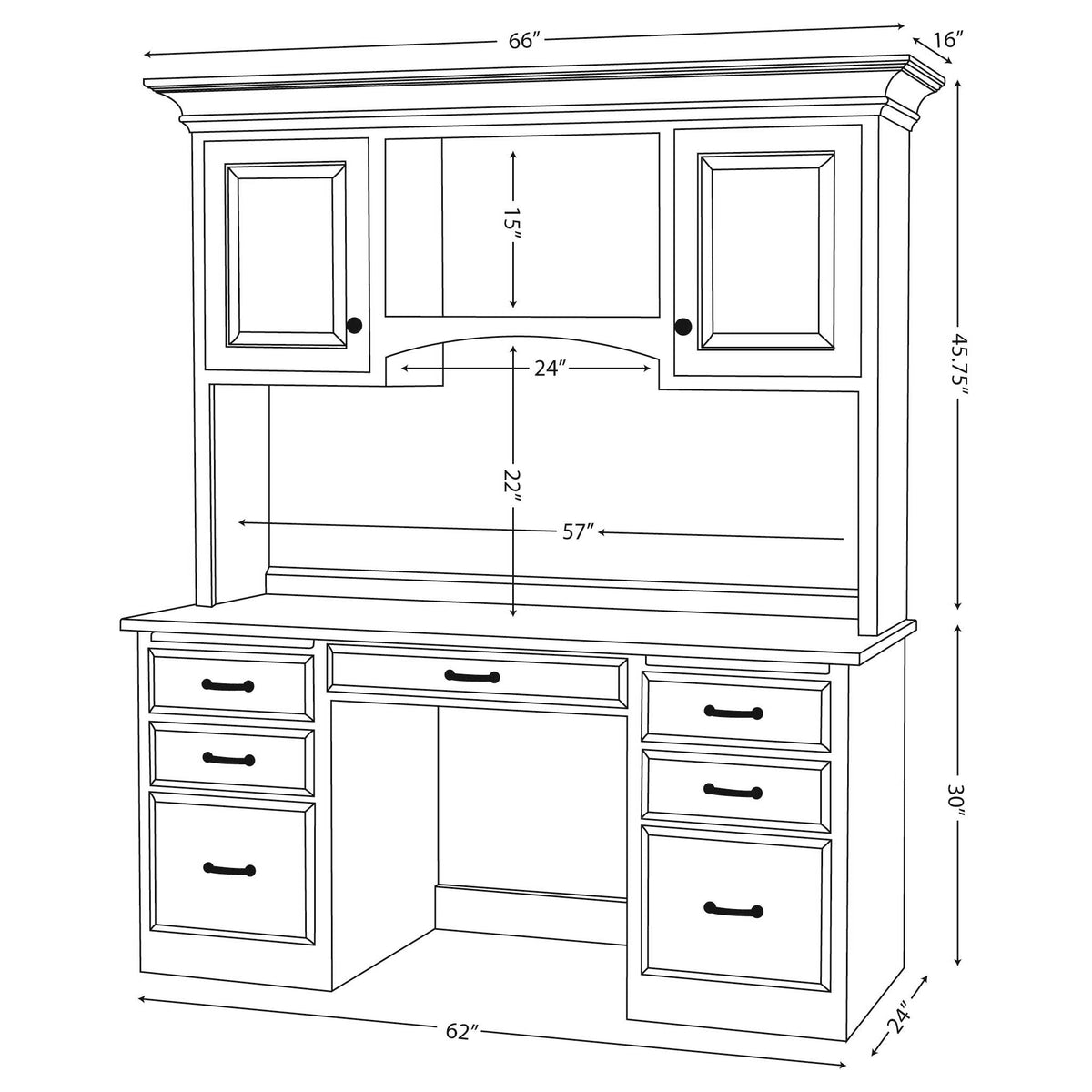 Dimension diagram of the desk and hutch: 62 inch desk, 30 inches tall, 66 inch hutch topping out at 45.75 inches