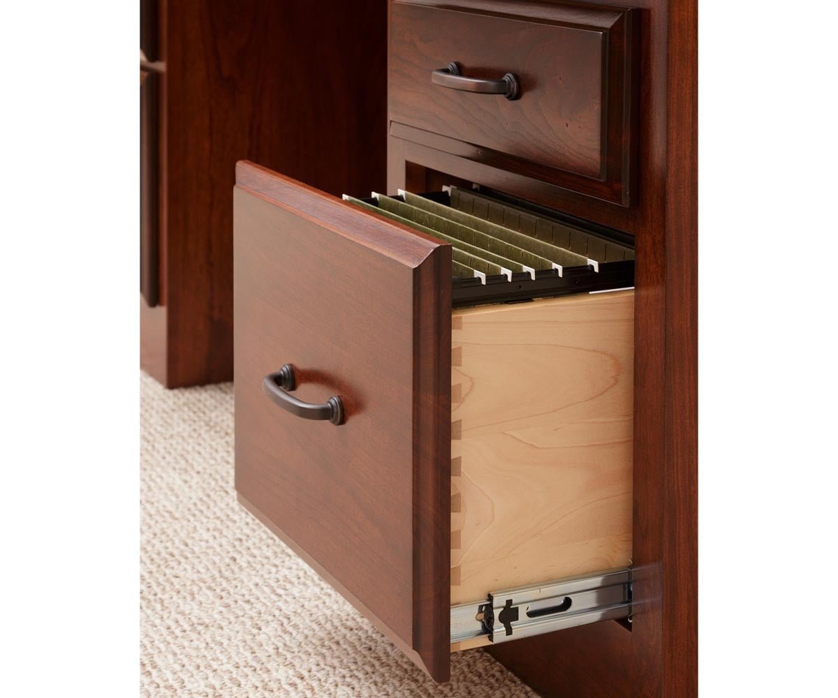 Amish Orrstown Traditional Solid Wood L Corner Desk with 4-Door Hutch - dovetailed file drawer on full-extension slides