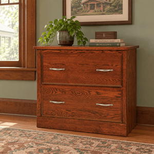 Amish Orrstown Traditional Solid Wood Lateral File Cabinet shown in the home office of a craftsman bungalow home