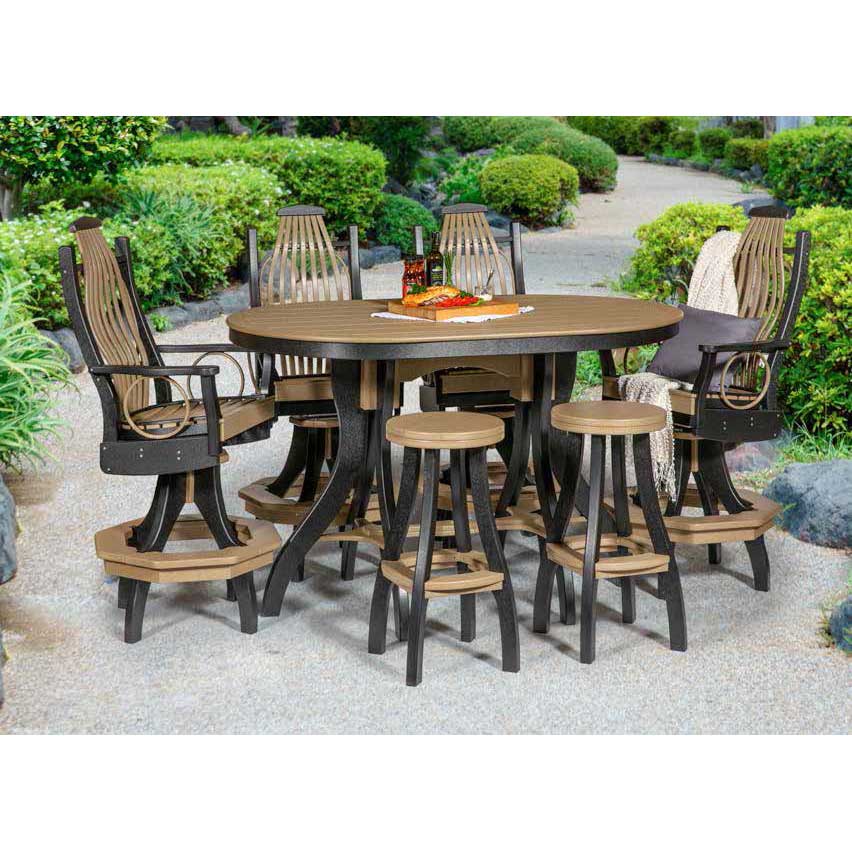 Seven piece oval poly bar height patio set in weathered wood and black with swivel chairs and stools