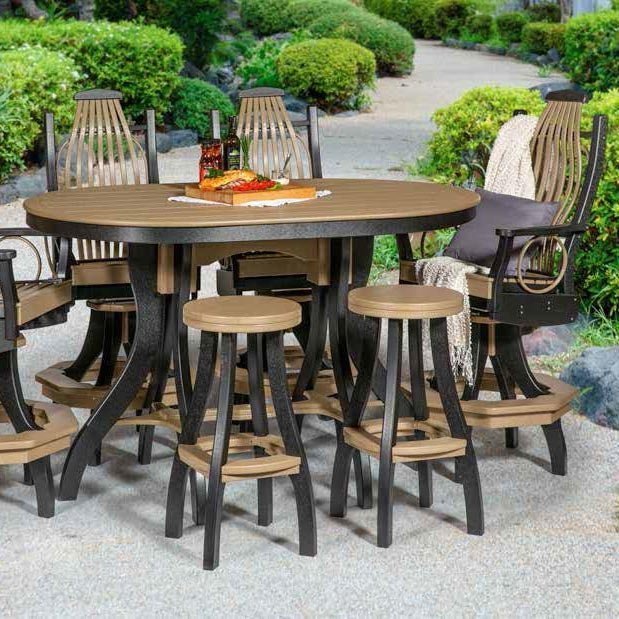 Oval counter height poly dining set with swivel arm chairs and four stools on a garden patio