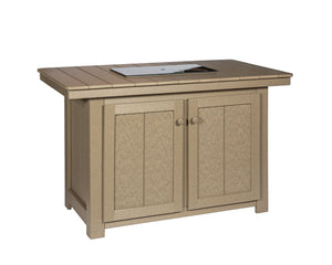 Tan poly counter height fire pit dining island with slat top, center burner cover and two cabinet doors on white