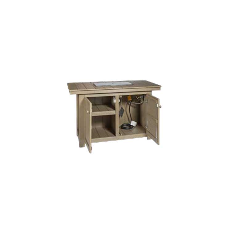 Tan poly fire pit dining island with both cabinet doors open showing shelving and the propane tank hookup