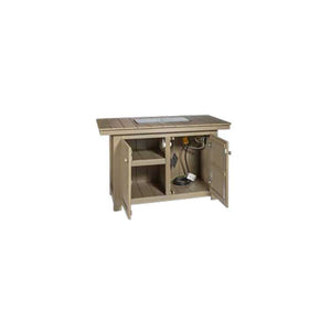 Tan poly fire pit dining island with both cabinet doors open showing shelving and the propane tank hookup