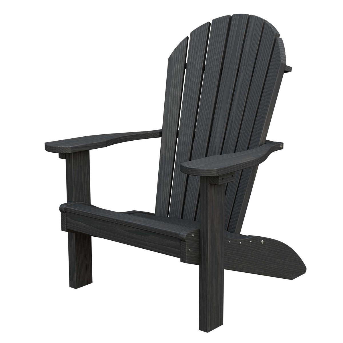 Charcoal gray stained wood Adirondack chair with fanned back slats and broad arms on a white background