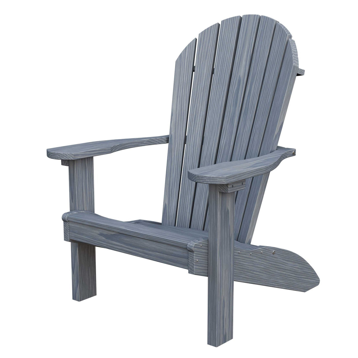 Driftwood gray wood Adirondack chair with fan-shaped slat back and generous flat arms viewed at an angle