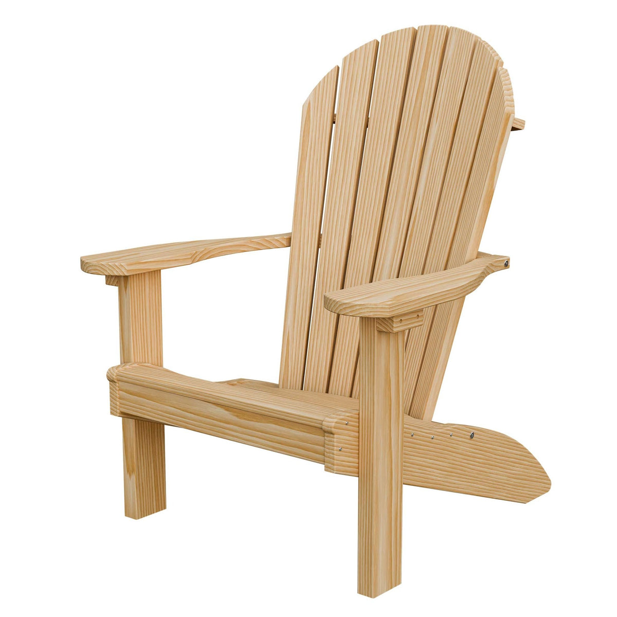 Unfinished pine Adirondack chair with curved slat back, sloped seat and wide arms on a white background