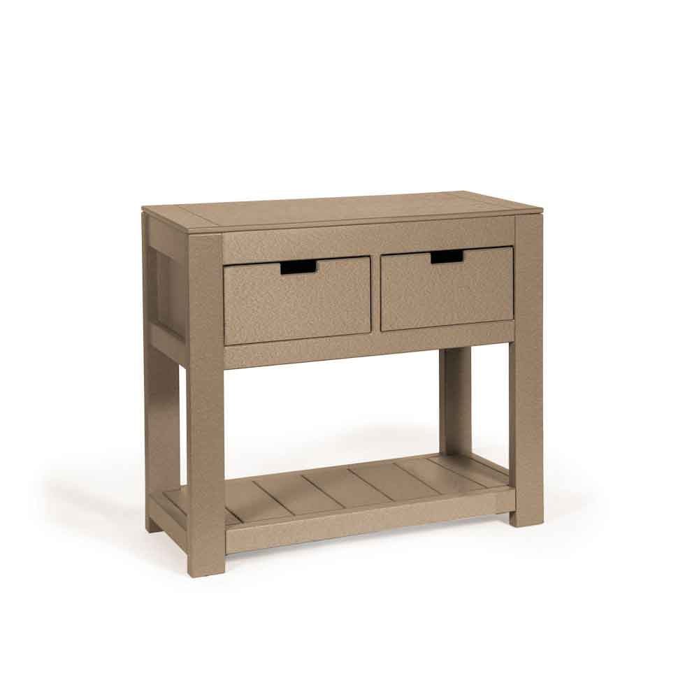 Tan poly outdoor console table with two drawers with black bar pulls and a slatted lower shelf on white