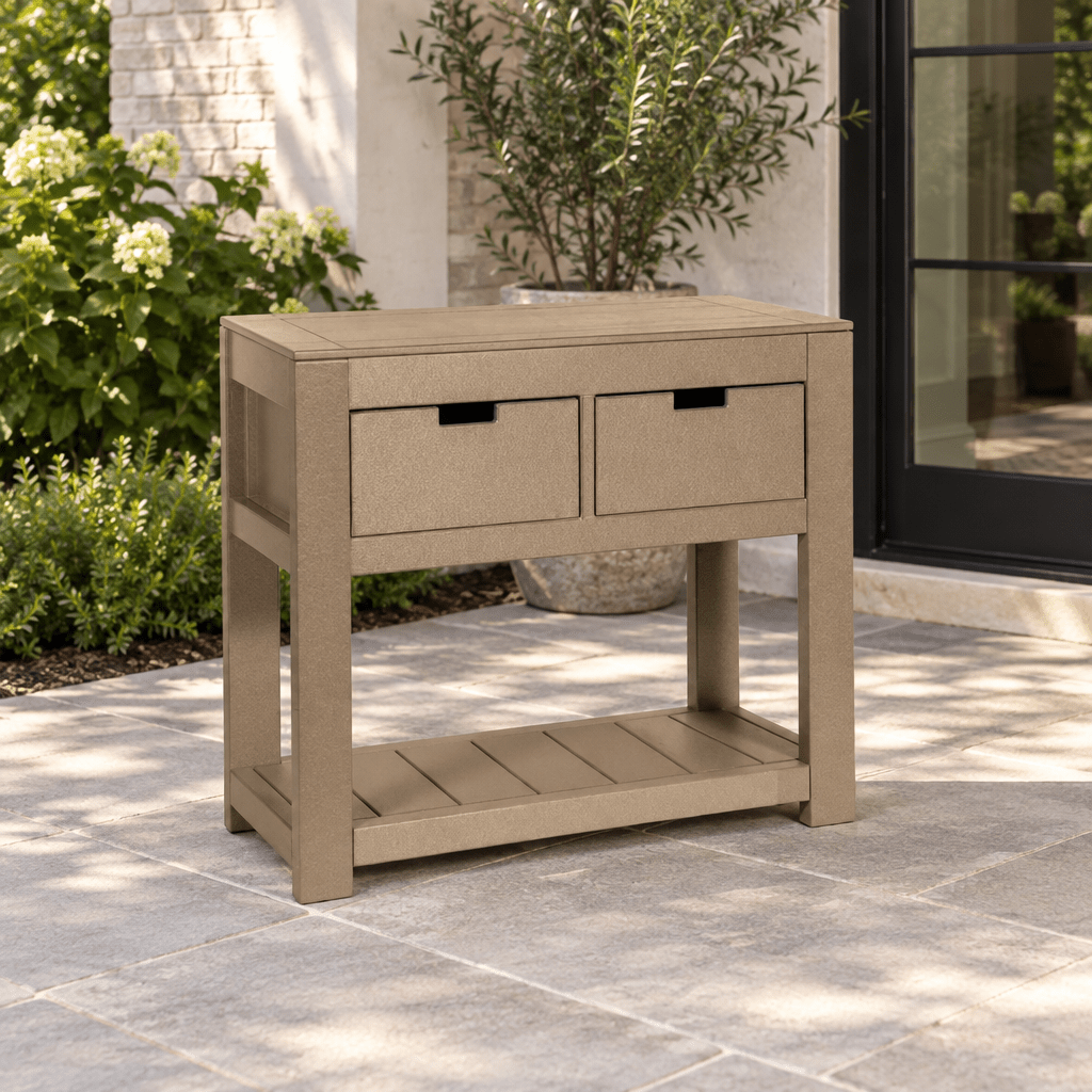 Amish Outdoor Poly 40" 2 Drawer Sofa Table shown in the back patio of a transitional home