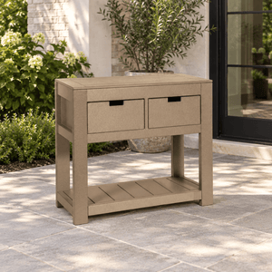 Amish Outdoor Poly 40" 2 Drawer Sofa Table shown in the back patio of a transitional home