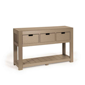 Weathered tan poly outdoor console table with three drawers, black bar pulls and slatted lower shelf on white