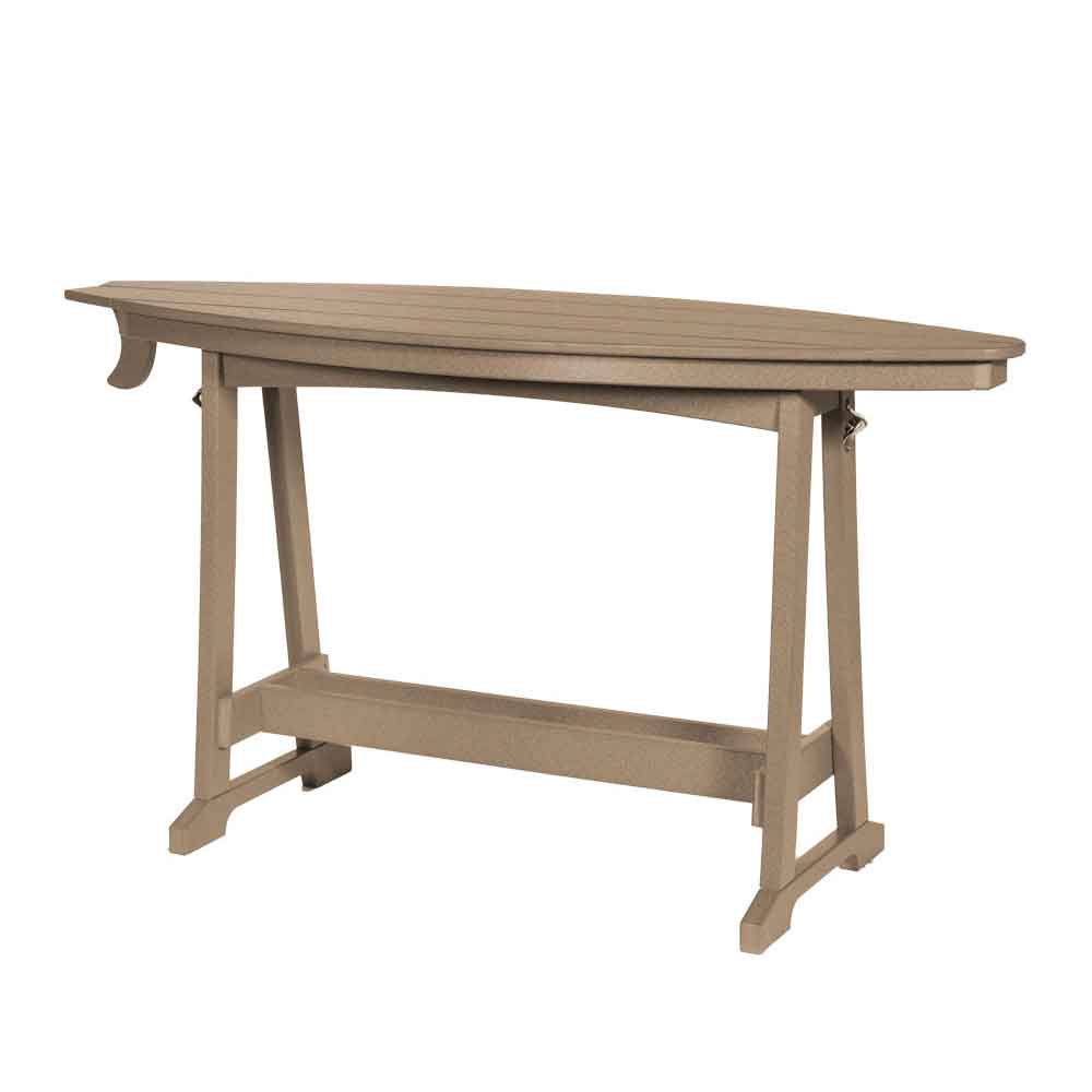 Weathered tan poly six foot surfboard bar table shown with its trestle base on a white background