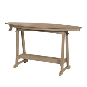 Weathered tan poly six foot surfboard bar table shown with its trestle base on a white background