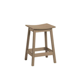 Weathered wood poly saddle counter stool with a curved scooped seat, angled legs and footrest rails on white