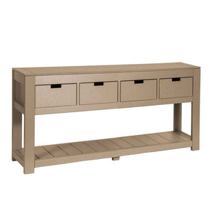 Tan poly outdoor console table with four drawers with black pulls and a full length slatted lower shelf on white
