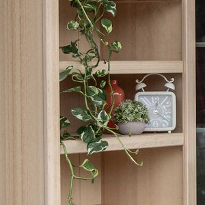 Close view of the open shelves on a light poly outdoor bookcase styled with a clock, vase and trailing pothos