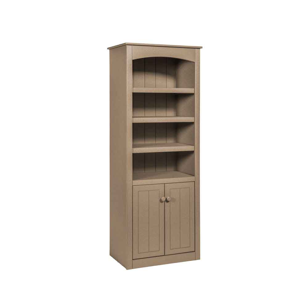 Tan poly outdoor bookcase cabinet with an arched top, three open shelves and two beadboard doors on a white background