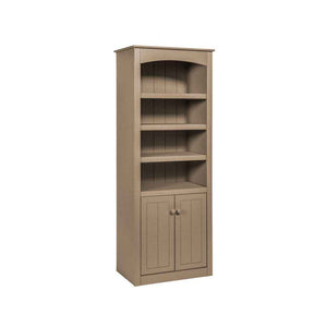 Tan poly outdoor bookcase cabinet with an arched top, three open shelves and two beadboard doors on a white background