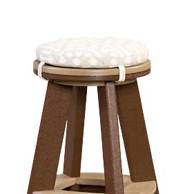 Round patterned cushion pad strapped to the seat of a brown and tan poly swivel stool