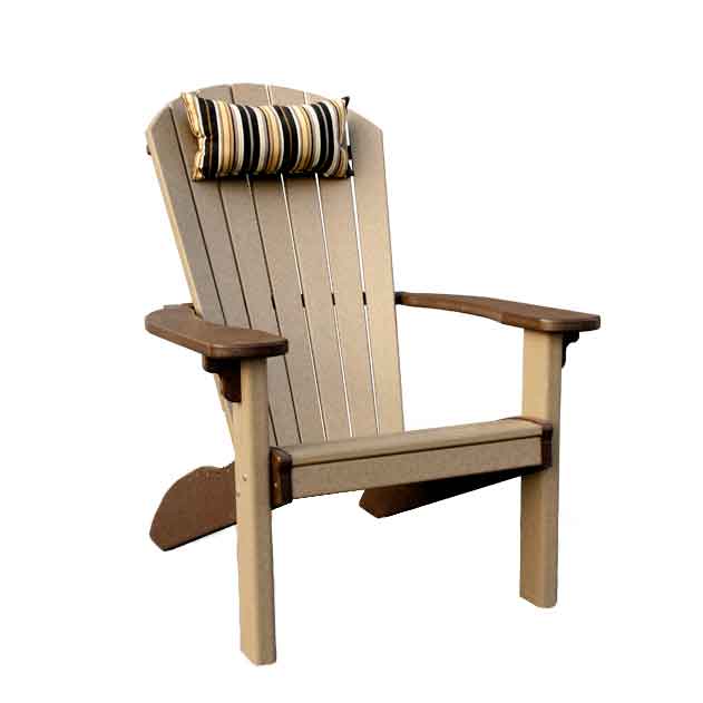 Weatherwood and brown poly Adirondack chair with a striped bolster neck pillow strapped to the back