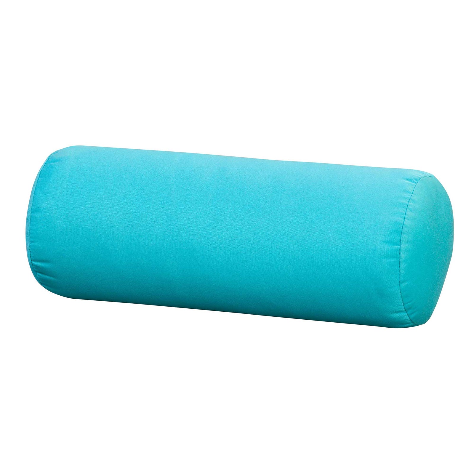 Deep green cylinder bolster pillow on a weatherwood poly chaise lounge beside tall grasses