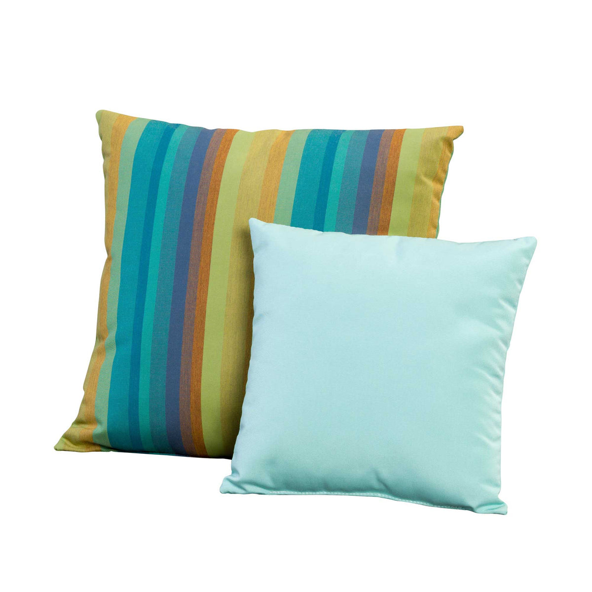 Two outdoor Sunbrella pillows on a white background, a large multicolor teal and gold striped square and a small aqua one