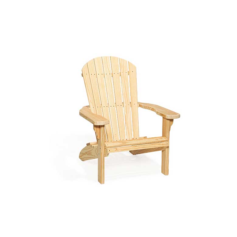 Unfinished pine Adirondack chair with curved fan back, contoured seat slats and wide flat arms on a white background