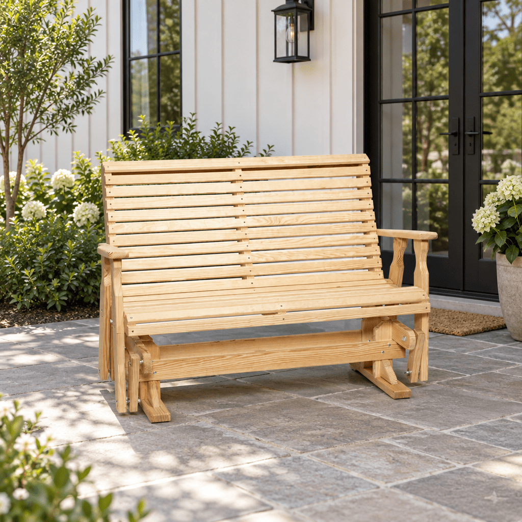 Amish Outdoor Wood Roll Back 5' Glider shown in the back patio of a modern farmhouse home