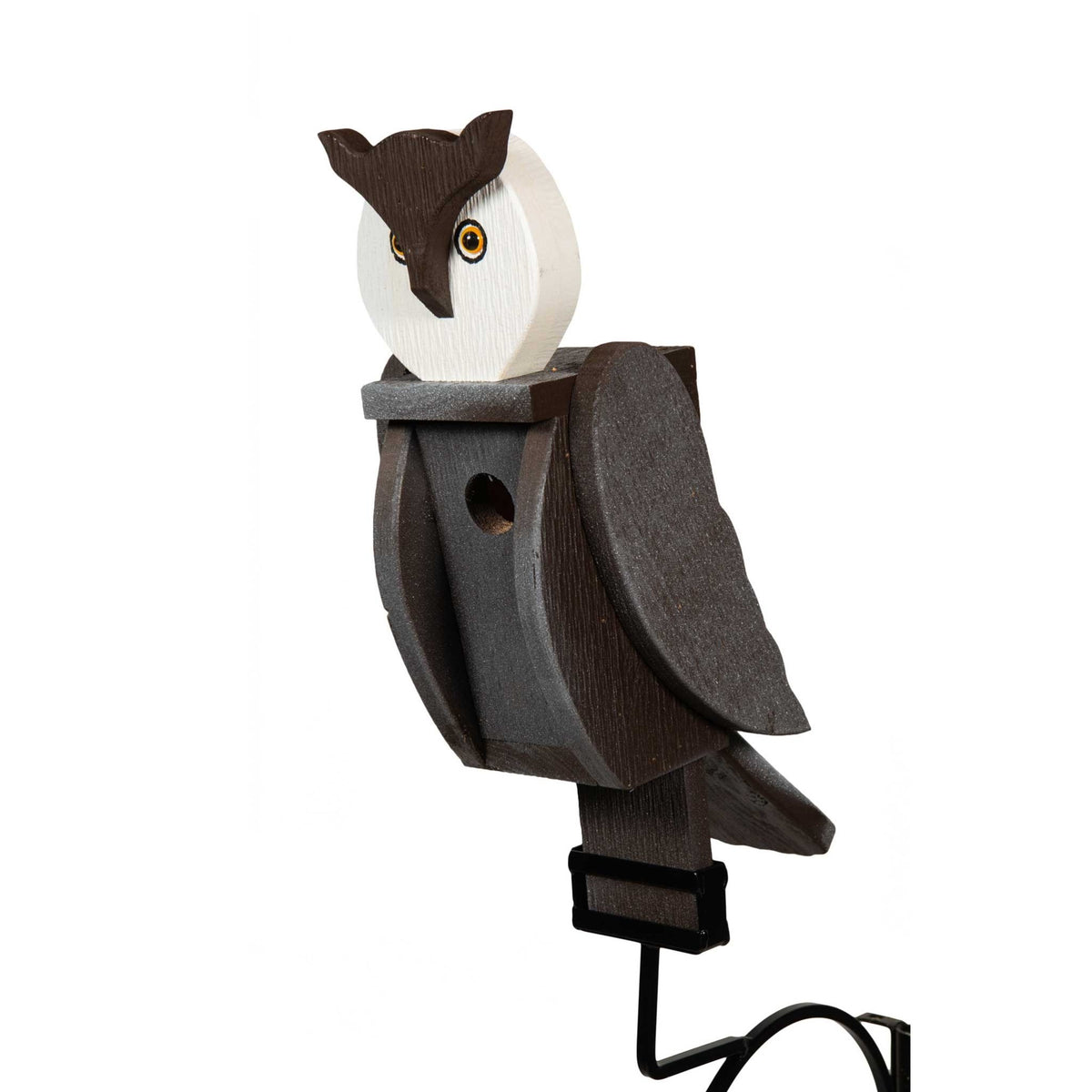 Owl shaped wooden birdhouse in gray and brown with white face, yellow eyes and round entry hole