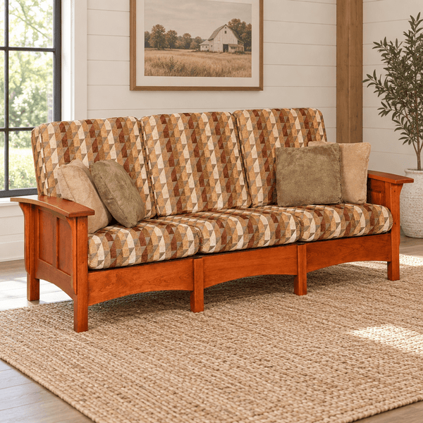Amish Panel Mission Morris Sofa shown in the living room of a modern farmhouse home