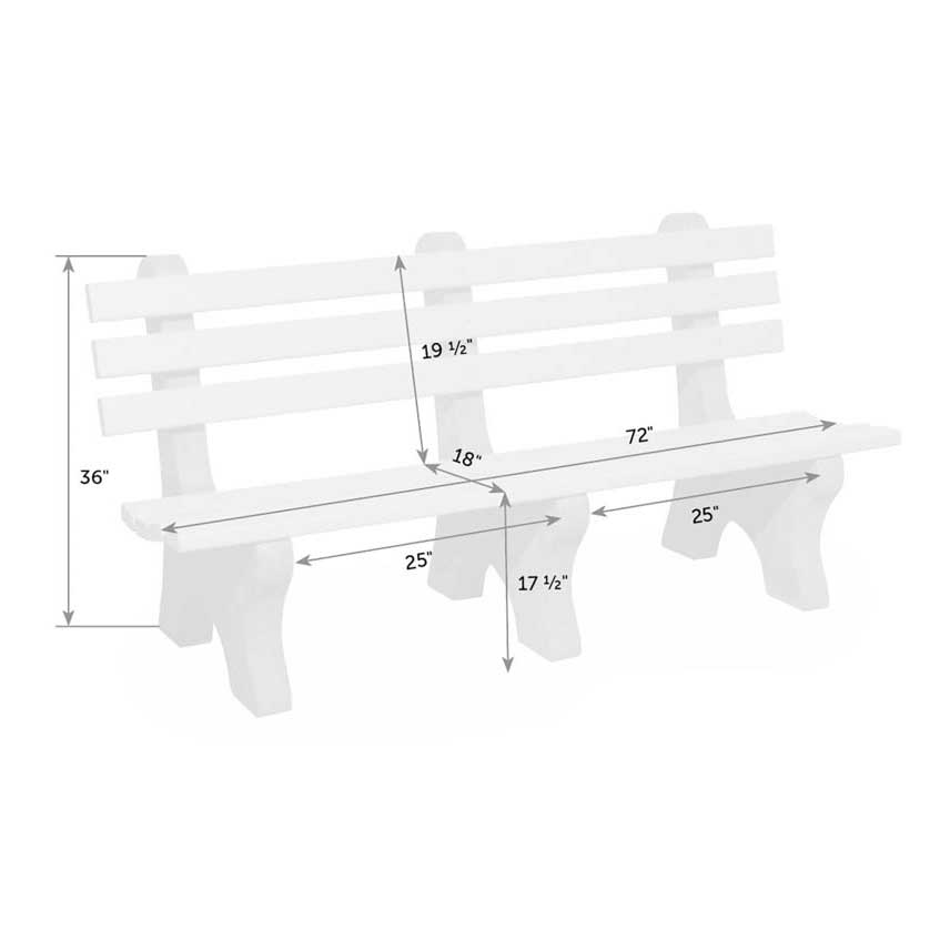 Dimension diagram of the 72 inch park bench: 36 inch overall height, 17.5 inch seat height, 18 inch depth, 25 inch spans