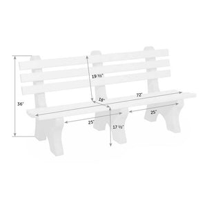 Dimension diagram of the 72 inch park bench: 36 inch overall height, 17.5 inch seat height, 18 inch depth, 25 inch spans